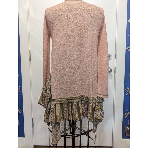 Oddy Boho Tribal Shark Bite Hem Tunic Top Long Sleeve Women's Medium Pink Green - Picture 6 of 14